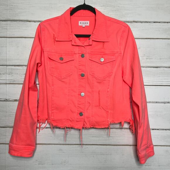 Risen Coral Stretch Denim Jean Jacket Size Large - Picture 2 of 11